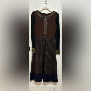 Autumn Plaid Long Sleeve Midi Dress in Brown and Black